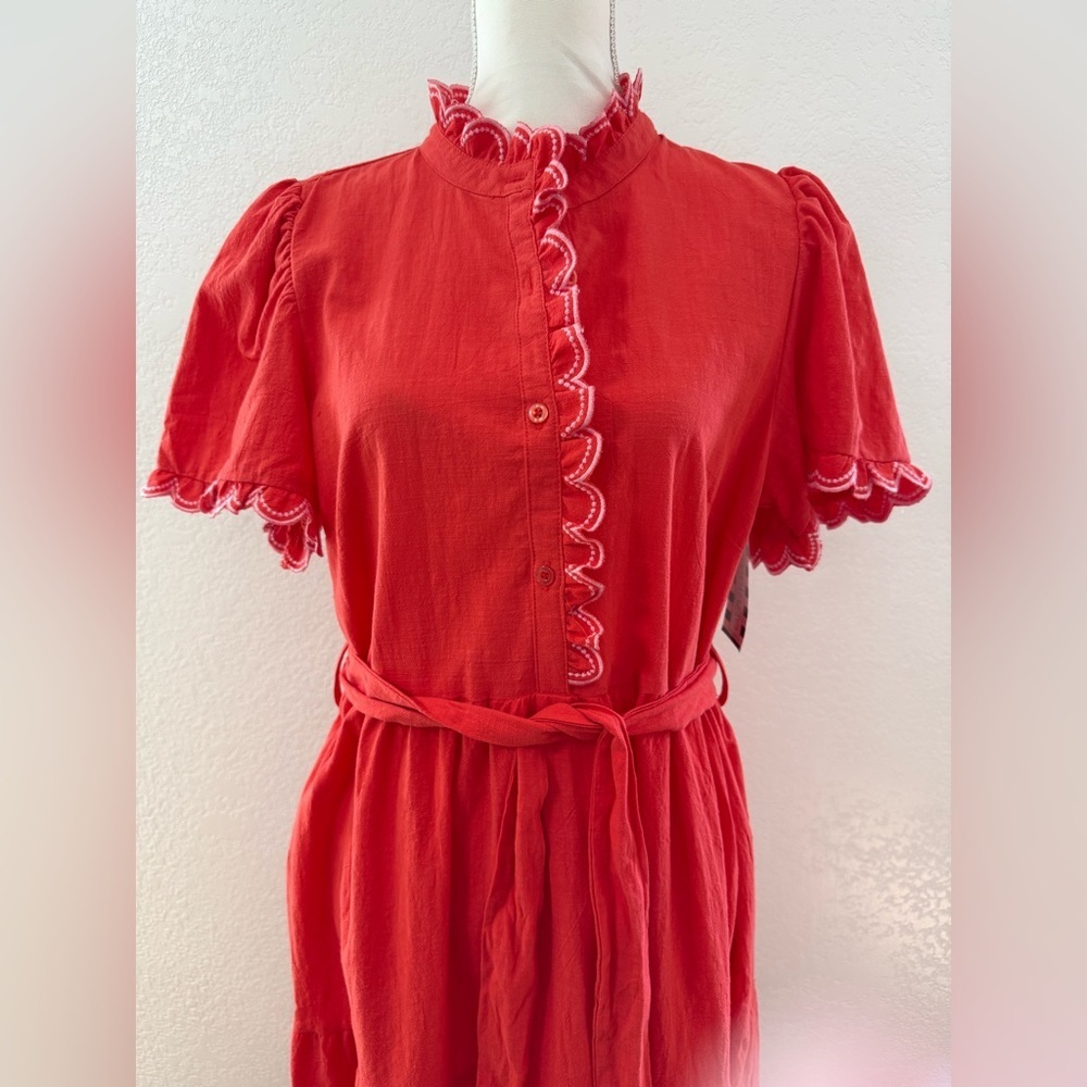 NWT! UMGEE Orange 100% cotton Tiered Maxi Dress M ruffle button belted short sl. - Picture 3 of 14